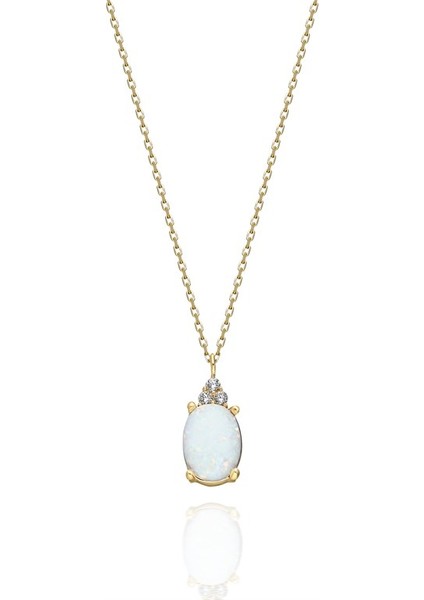 14 Ayar Altın Kolye -1.5ct Opal Oval Taşlı Pırlanta Montürü Nano Has Taşlı Altın Kolye-Hediye 14 Ayar Altın Kolye