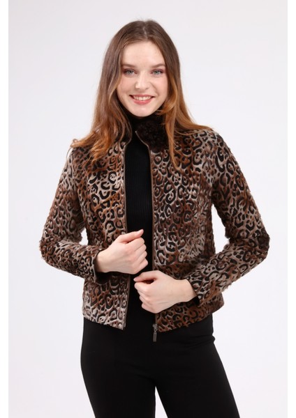 Kahverengi Kadın Leopar Desenli Deri Ceket modelleri