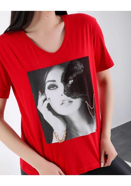 Kedi Taşlı T-Shirt M-L - Beyaz