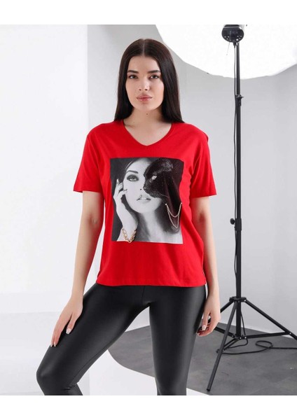 Kedi Taşlı T-Shirt M-L - Beyaz