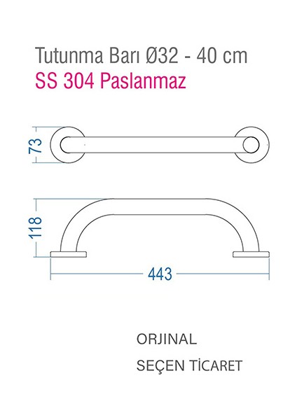 Çelik Çap 32 -40 cm Düz Engelli Tutamak SS304