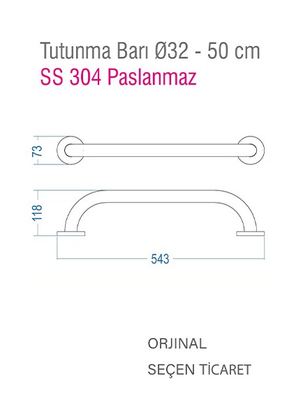 Çelik Çap 32 -50 cm Düz Engelli Tutamak SS304