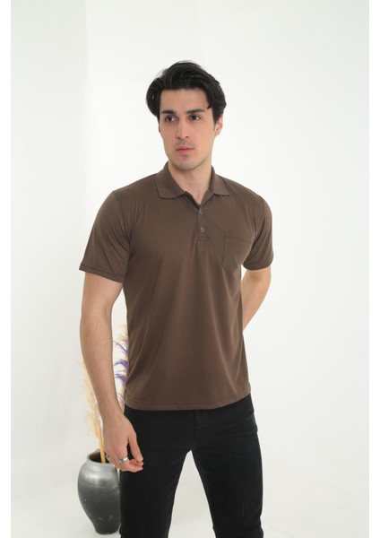 Baba Yakalı Cepli Düz Model Tek Renk Tişört T-Shirt