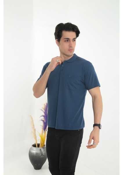Baba Yakalı Cepli Düz Model Tek Renk Tişört T-Shirt