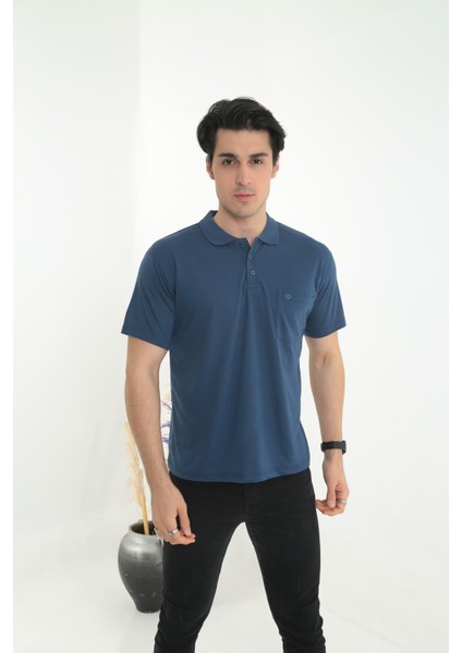Baba Yakalı Cepli Düz Model Tek Renk Tişört T-Shirt