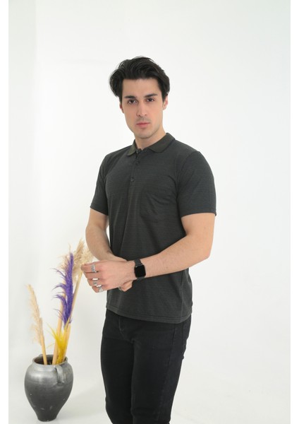 Baba Yakalı Cepli Nokta Desenli Model Klasik Kesim Tişört T-Shirt