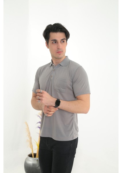 Baba Yakalı Cepli Düz Model Tek Renk Tişört T-Shirt