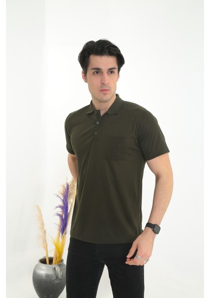 Baba Yakalı Cepli Düz Model Tek Renk Tişört T-Shirt