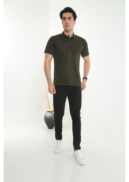 Baba Yakalı Cepli Düz Model Tek Renk Tişört T-Shirt