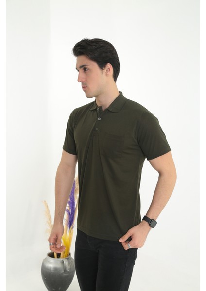 Baba Yakalı Cepli Düz Model Tek Renk Tişört T-Shirt