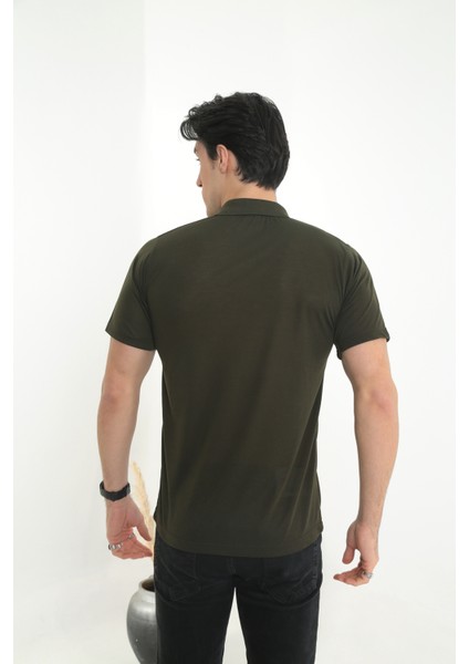 Baba Yakalı Cepli Düz Model Tek Renk Tişört T-Shirt