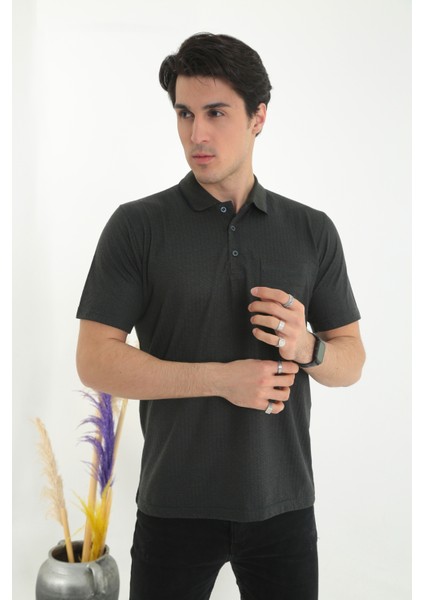 Baba Yakalı Cepli Desenli Model Klasik Kesim Tişört T-Shirt