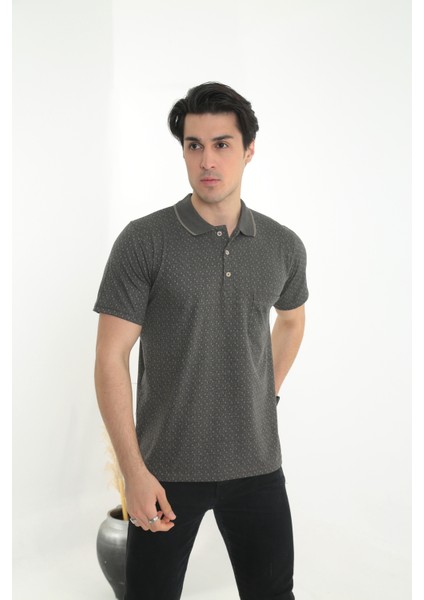Baba Yakalı Cepli Nokta Desenli Model Klasik Kesim Tişört T-Shirt