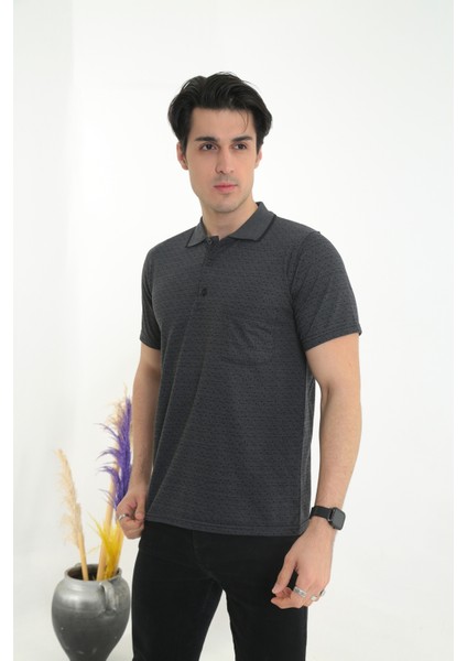 Baba Yakalı Cepli Nokta Desenli Model Klasik Kesim Tişört T-Shirt