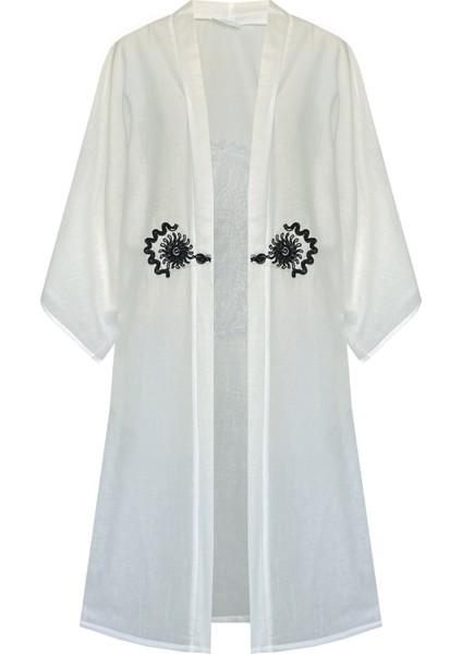 Brodeli Vual Kimono Kaftan Beyaz