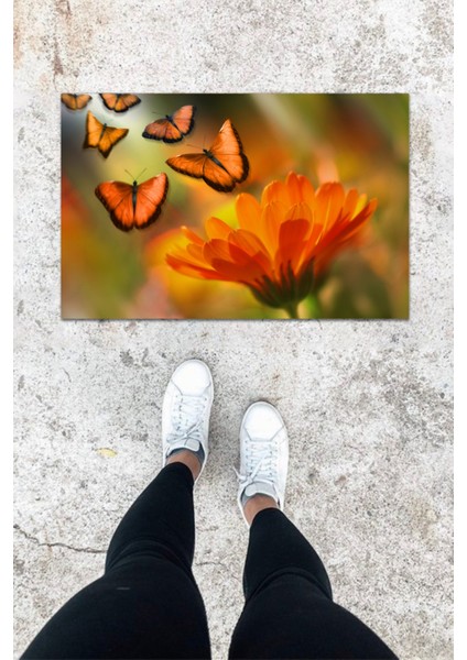 Home Modern Dijital Baskı Turuncu Çoklu Kelebek Desen Kapı Önü Paspası