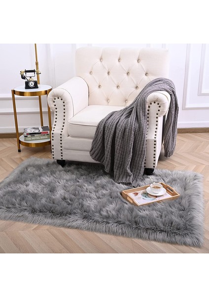 Napoli Home Yumuşak Uzun Tüylü Yıkanabilir Kuzu Post Premium Peluş Halı Düz Gri