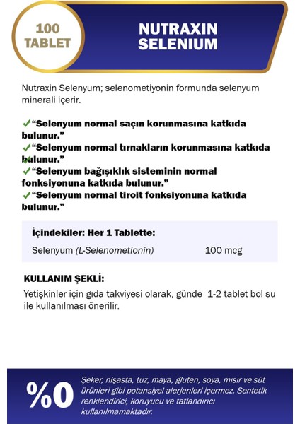 Takviye Edici Gıda Nutraxin Selenium 100 Mcg 100 Tablet