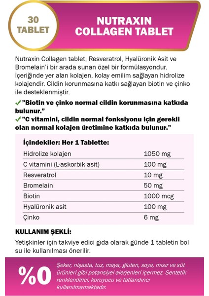 Hyalüronik Asit, Biotin,Çinko Içeren Hidrolize 30 Tablet+Selenyum 100 Mcg 100 Tablet