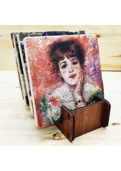 Pierre-Auguste Renoir - Traverten Bardak Altlığı 4'lü Set Standlı