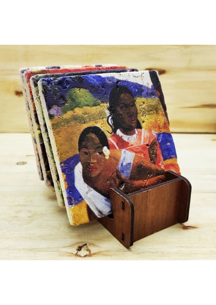 Paul Gauguin - Traverten Bardak Altlığı 4'lü Set Standlı