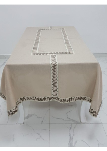 Oslo Lüx Jakar Bordürlü Keten Kumaş Bej Masa Örtüsü Dikdörtgen 160x230 cm - 1138