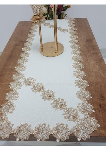 Jadelin Gold Güpürlü Keten Kumaş Runner Krem 48x145 Cm - 1141