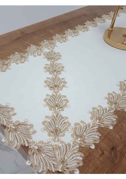 Jadelin Gold Güpürlü Keten Kumaş Runner Krem 48x145 Cm - 1141 fiyatları