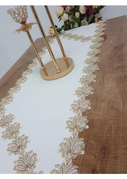 Jadelin Gold Güpürlü Keten Kumaş Runner Krem 48x145 Cm - 1141 modelleri