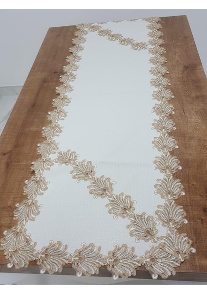 Jadelin Gold Güpürlü Keten Kumaş Runner Krem 48x145 Cm - 1141 fırsatları