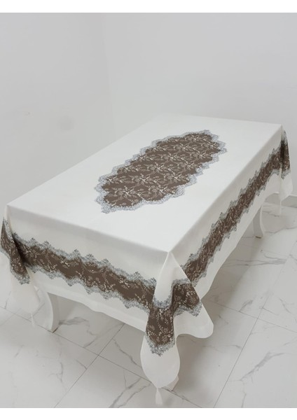 Meltem Baskılı Keten Kumaş Kreme Kahve Masa Örtüsü Dikdörtgen 160x220 cm - 1142