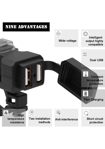 Çift USB Bağlantı Noktası 9-24V Su Geçirmez Motosiklet USB Şarj Cihazı Motosiklet Gidon Şarj Cihazı Telefon Cep Telefonu Için Güç Kaynağı Soketi (Yurt Dışından)