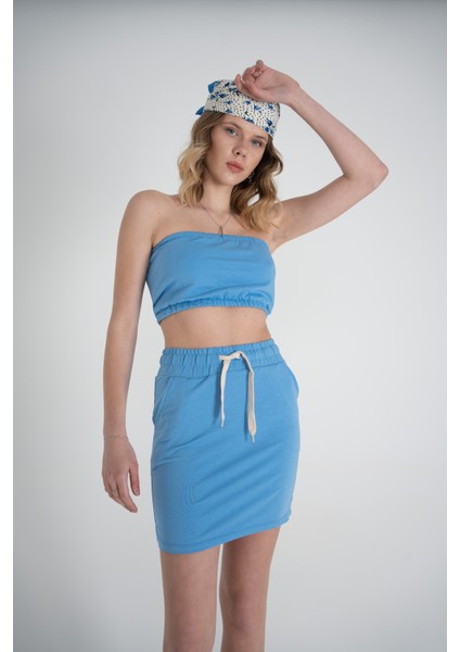 Kadın Mavi Yüksek Lastikli Ipli Bel Mini Boy Toa Etek