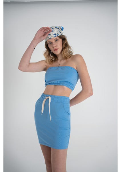 Kadın Mavi Yüksek Lastikli Ipli Bel Mini Boy Toa Etek fiyatları