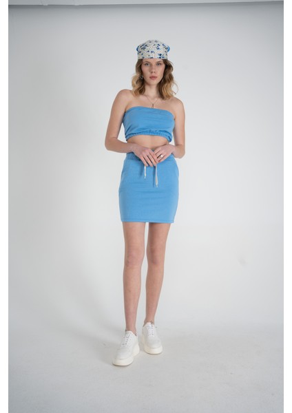 Kadın Mavi Yüksek Lastikli Ipli Bel Mini Boy Toa Etek modelleri