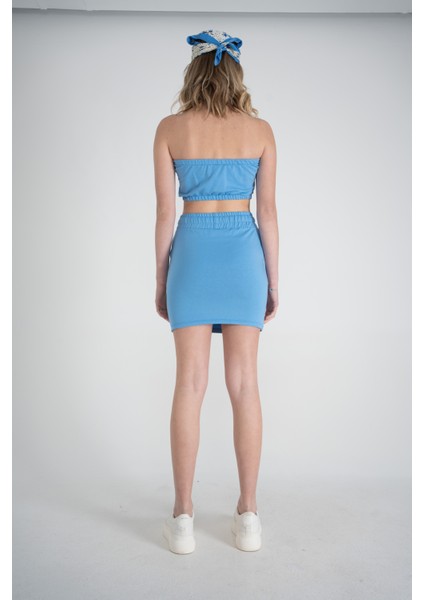 Kadın Mavi Yüksek Lastikli Ipli Bel Mini Boy Toa Etek indirimleri