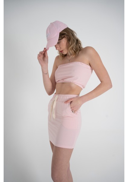 Kadın Pembe Yüksek Lastikli Ipli Bel Mini Boy Toa Etek