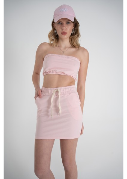 Kadın Pembe Yüksek Lastikli Ipli Bel Mini Boy Toa Etek modelleri