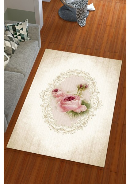 İpek Kadife Pembe Renkli Göbekli Gül Desen Lastikli Halı Örtüsü