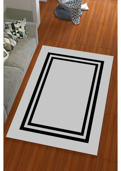 İpek Kadife Gri Renkli Çerçeve Desen Lastikli Halı Örtüsü