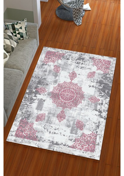 İpek Kadife Gri Pembe Renkli Padişah Desen Lastikli Halı Örtüsü