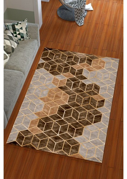 İpek Kadife Kahverengi Renkli Piramit Desen Lastikli Halı Örtüsü