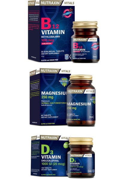 B12 Vitamini 1000 Mcg 60 Dilaltı Tableti, Magnesium 250 Mg 60 Tablet, D3 Vitamini 1000 Iu 120 Tablet