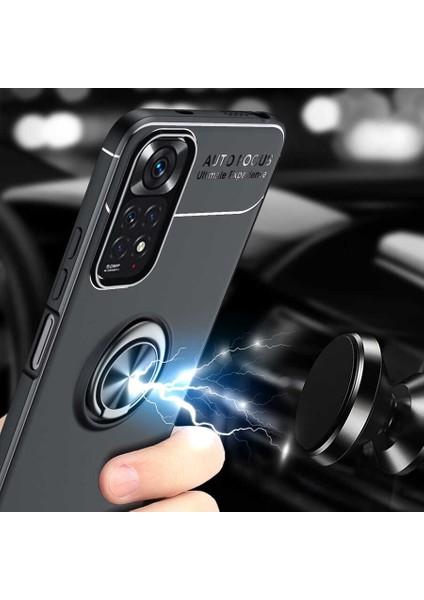 Xiaomi Redmi Note 11 Kılıf Mıktanıslı Autofocus Shockprof Ravel Yüzüklü Standlı Slikon Kapak Siyah