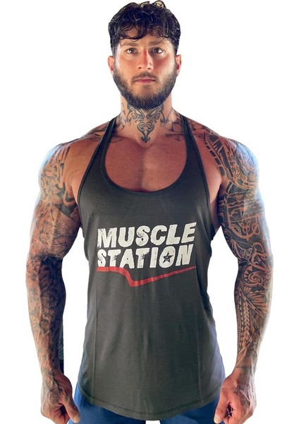 Musclestation Toughman Tank Koyu Haki Workout Fitness Atlet