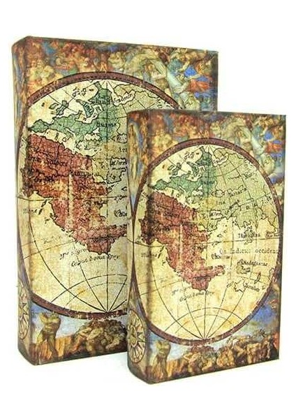 Kutu Kitap Harita 2'li Set Kitap Kutusu Dekoratif Hediyelik