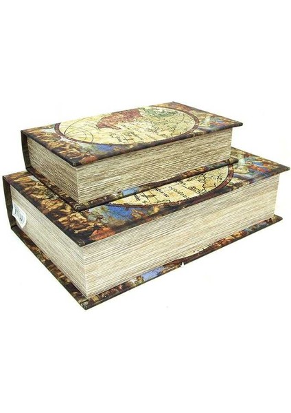 Kutu Kitap Harita 2'li Set Kitap Kutusu Dekoratif Hediyelik