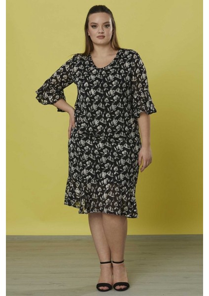 Büyük Beden V Yaka Kolu ve Etek Ucu Volanlı Elbise fiyatları