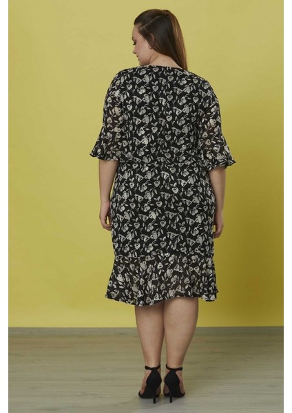 Büyük Beden V Yaka Kolu ve Etek Ucu Volanlı Elbise fırsatları