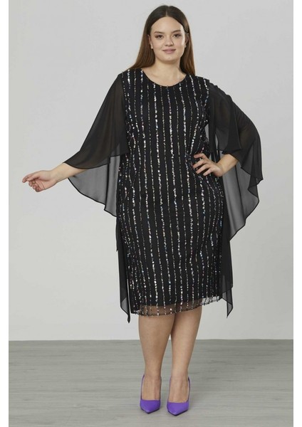 Büyük Beden Önü Payetli Dökümlü Elbise